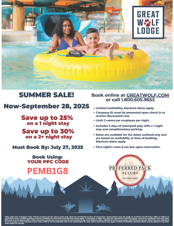 Ad for special rates featuring a photos of two people on a water slide 